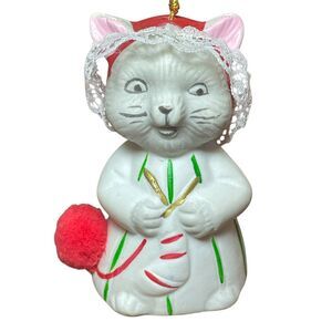 Vintage‎ JASCO Christmas Knitting Cat Bisque Porcelain Bell Retro 3 Inches Tall